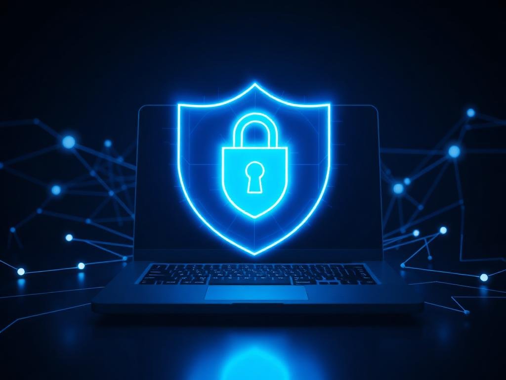Cybersecurity shield protecting a laptop